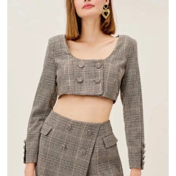 For Love & Lemons Jackets & Blazers - New For Love and Lemons Frankie Cropped Tweed Plaid Blazer Double Breasted M NWT